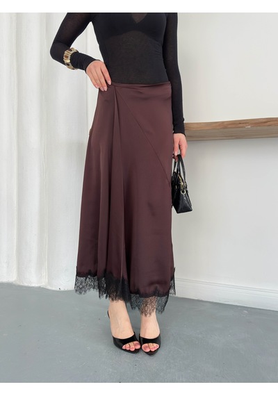 Verymoda Dantel Detaylı Saten Etek D2930 Kahve