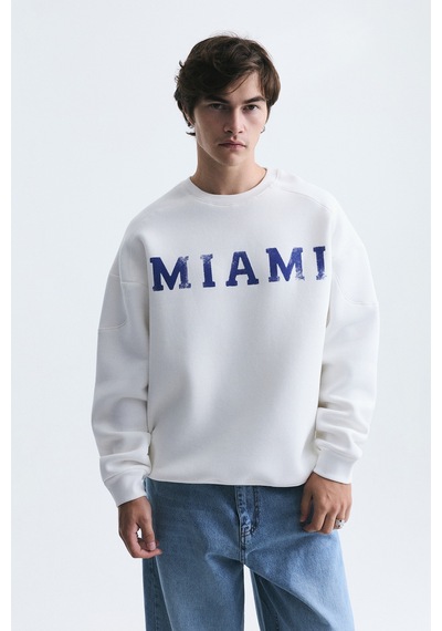 Vamos Miami Baskılı Bisiklet Yaka Sweatshirt Ekru