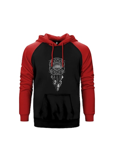 Motorcycle Club Skull Kırmızı Renk Reglan Kol Kapşonlu Sweatshirt Kırmızı