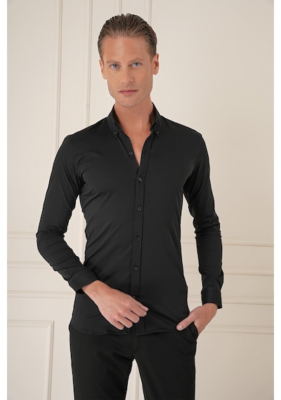 Efor Slim Fit Düğmeli Yaka Esnek Pamuk Klasik Siyah Gömlek Gk 727 Siyah