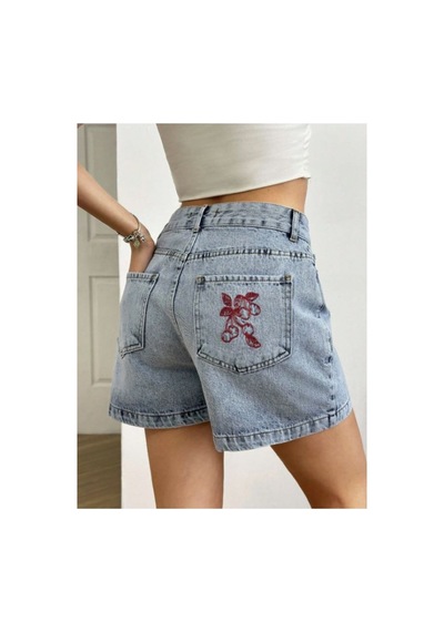 Kene Jeans Arka Tek Cep Nakış Buz Kar Kot Şort Buz Kar