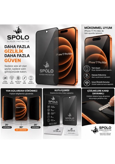 Spolo Apple iPhone Uyumlu  17 Pro Max Hayalet Ekran Koruyucu Gizlilik Camı Yan Görüş Önleyici