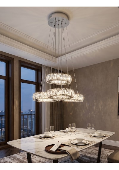 Modern Kristal Taşlı 3+1 Halka Sarkıt Led Avize Krom Gümüş - Krom