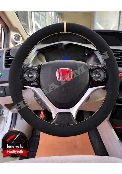 Honda Accord Mk9 Dikme Direksiyon Kılıfı Full Alcantara Süet Bej Yüzük Ve Bej Dikiş 2013-2017 Siyah