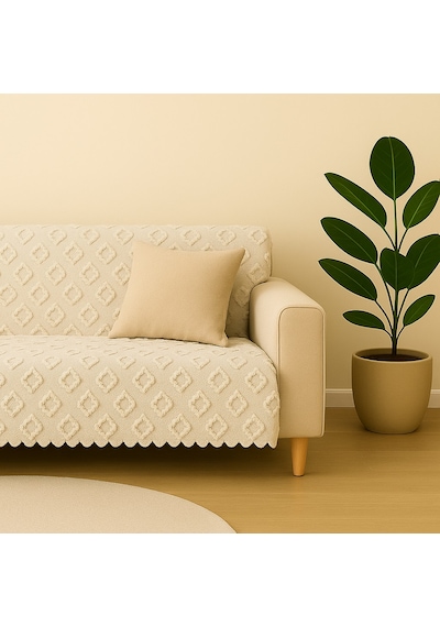 Şönil Jakarlı Kaymaz Koltuk Örtüsü 175x215 Cm Çekyat Uyumlu, Yıkanabilir Krem