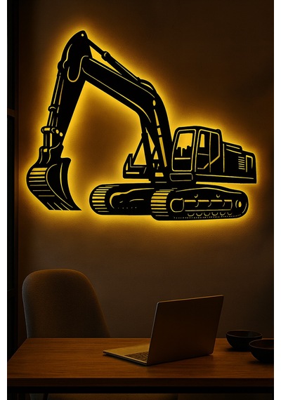 Led Işıklı Ekskavatör İnşaat Temalı İş Makinesi Tablosu Dekoratif Duvar Dekoru Sarı - 801016783 Sarı
