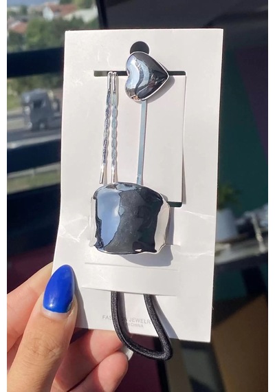 Caş Dekorasyon Gümüş Renk Metal Detaylı Lastik Toka Ve Tel Toka Set