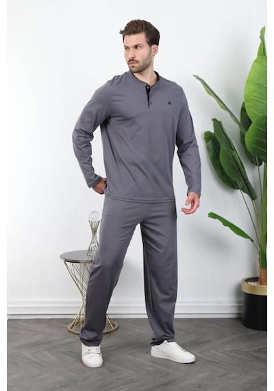 Madmext Füme Düğmeli Yaka Erkek Pijama Takımı E7333 Füme