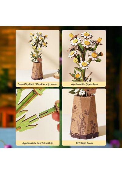 Rowood Tw061 Papatya Çiçeği Chamomile Dıy Minyatür Maket Model Seti Ahşap 3d Wooden Puzzle Model Kit Ahşap Maket Dekoratif Hobi Seti