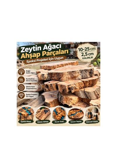 Ham Zeytin Ağacı Parçaları 10-25 Cm 2,5 Cm Kurutulmuş Zımparalanmış Epoksi İçin Ahşap 5 Adet 5 Adet