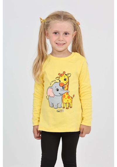 Toontoy Kız Çocuk Zürafa Fil Baskılı Sweatshirt Koyu Sarı