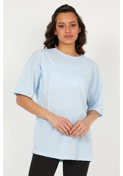 Düz Basic T-shirt - Buz Mavi Oversize Bisiklet Yaka Kısa Kol Tişört Mavi