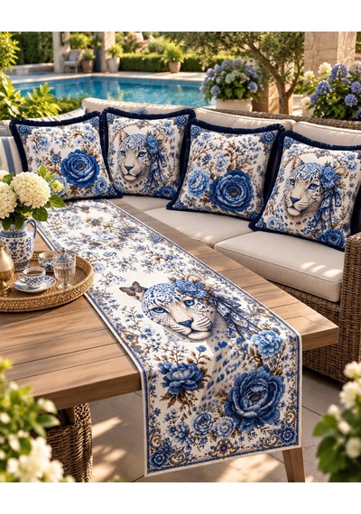 Mavi Leopar Desenli Runner + 4 Lü Kırlent Kılıfı Kombin Seti 45 x 45