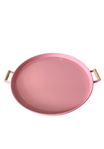 Ahşap Kulplu 51 Cm Açık Pembe Yuvarlak Metal Tepsi Kahvaltı Çay