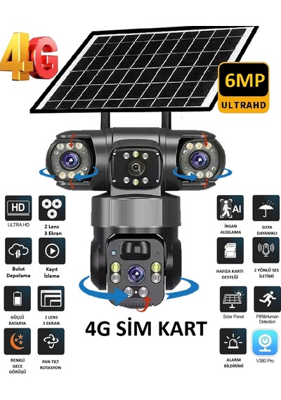 Ultimate Blm-77 6mp 3+3 2 Kameralı 3 Ekranlı Ultrahd 4g Güneş Enerjili Akıllı Güvenlik Kamerası