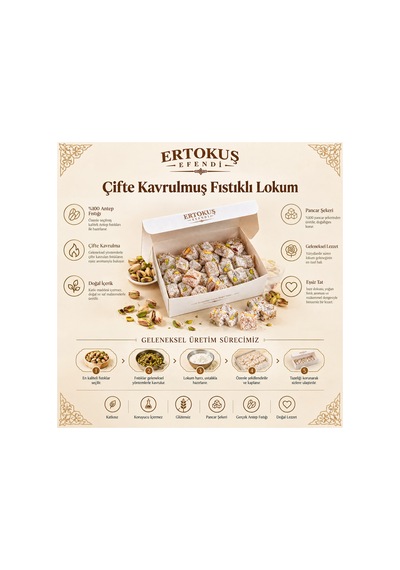 Çifte Kavrulmuş Duble Antep Fıstıklı Türk Lokumu 250gr %100 Pancar Şekeri - 937440406