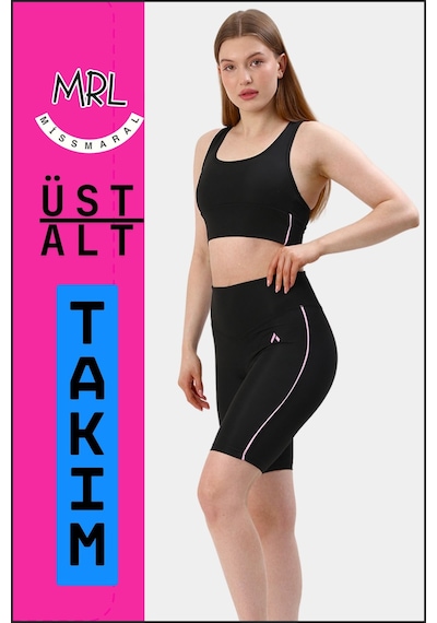 Missmaral Kadın Siyah Takım Alt-üst Kısa Şort-tayt Ve Pedli Sporcu Büstiyer 2li Set Lila Biyeli Elt3043 Siyah Lila