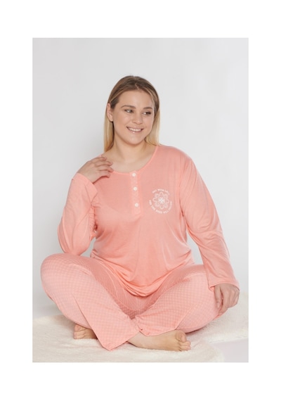 Büyük Beden Battal Uzun Kol Mevsimlik Pijama Takımı Viskon Alperi B790-38 Koyu Somon
