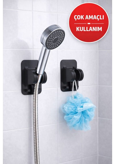 Yapışkanlı Duş Başlığı Tutucu Ayarlı Delmeden Duvara Monte Siyah Duş Askısı Siyah Diğer