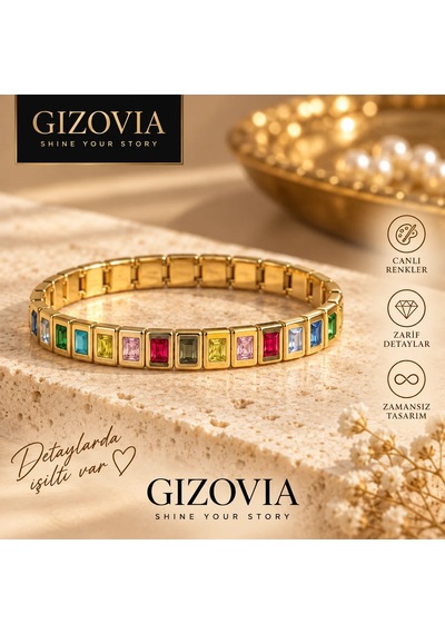 Gizovia Gold Renk Renkli Baget Taşlı Sıralı Kadın Bileklik Çok Renkli