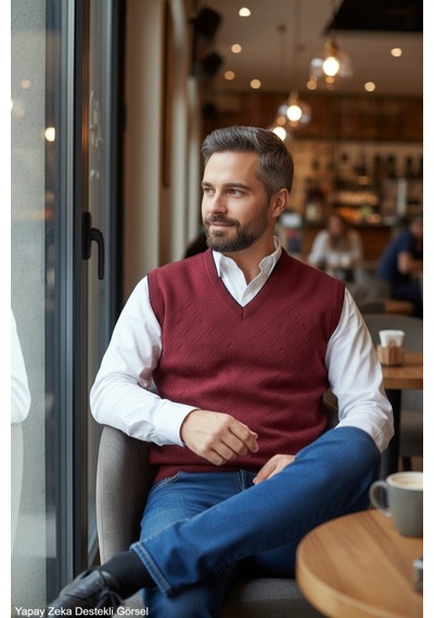 Kamalı Erkek Bordo Tüylenme Yapmayan Anti Pilling Kumaş Standart Fit Normal Kesim V Yaka Triko Süveter