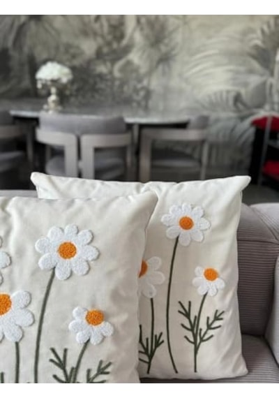 2 Adet 40x40 Cm Punch Papatya Desenli Gizli Fermuarlı Kırlent Kılıfı Dekoratif Yastık Kılıfı Salon Oturma Odası Kırlent Seti Diğer