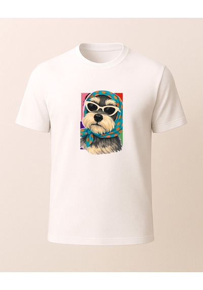 Başörtülü Gözlükü Renkli Köpke Baskılı T-shirt Beyaz
