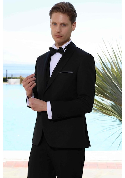 Morven Erkek Siyah Poliviskon Ceromonia Santorini Slim Fit Şal Yaka Damatlık Siyah