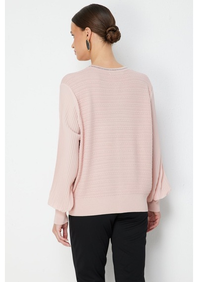 On Kadın Kolları Pileli Kumaşı Desenli Bluz 70449 Pembe