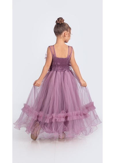 Mnk Baby & Kids Uzun Etekli , Askılı Kız Cocuk Gül Motif Abiye Elbise M00670 MÜRDÜM