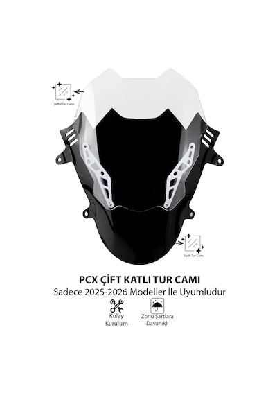 Honda Pcx Uyumlu Çift Katlı Spor Tur Camı Şeffaf 2025-2026 Şeffaf
