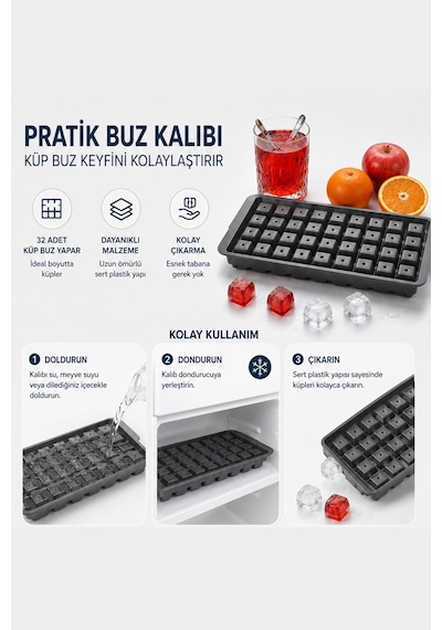32 Bölmeli Kare Buz Kalıbı Kapaklı Buzluk Silikon Kolay Çıkarılabilir Buz Yapma Kabı Diğer