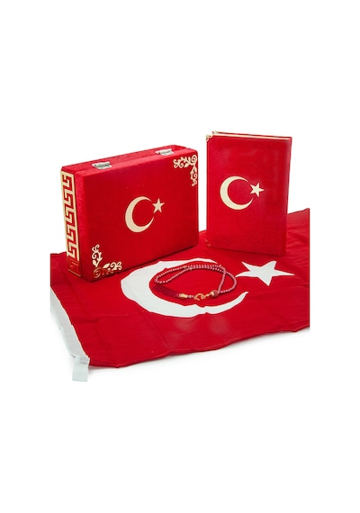 Türk Bayraklı Kuranı Kerim Hediyelik Set Pleksi Süslemeli Kadife Kutu, Bayrak Ve Tesbih