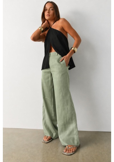 Madmext Çağla Yeşili Yüksek Bel Keten Wide Leg Pantolon Mg2718