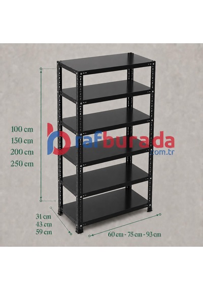 6 Katlı Renkli Dekoratif Çelik Raf - Çiçeklik Rafı, Ofis Rafı 0,70 Mm Siyah-31x93 Cm-150 Cm