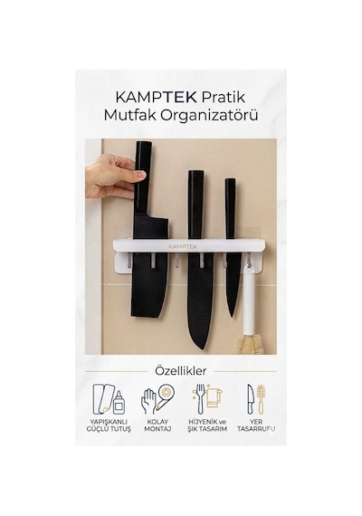 Kendinden Yapışkanlı Duvara Monte Bıçaklık Ve Mutfak Düzenleyici Organizer - Bıçak Yuvalı, 5 Kancalı Askı Aparatı Renkli