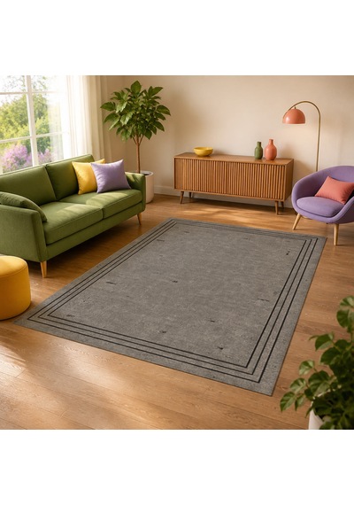 Kartela Halı Eskitme Çizgi Bordürlü Halı Antrasit Kaymaz Taban Makinede Yıkanabilir 100x150 Cm