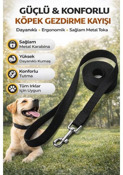 Köpek Gezdirme Kayışı Güçlü Metal Karabina Dayanıklı Konforlu Tasma Kayışı 10 Metre Siyah