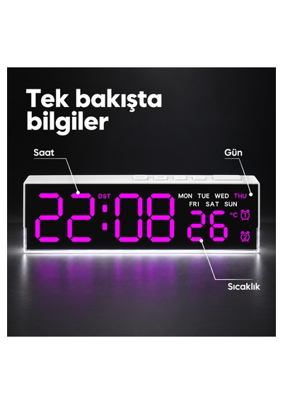 Akıllı Led Dijital Masa Saati Mor Renk