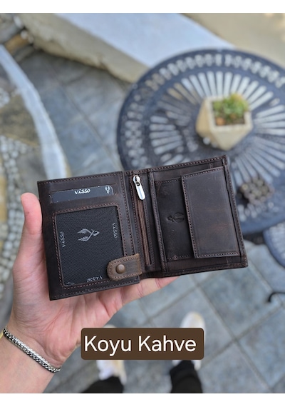 Visso 114 Hakiki Deri Çanta İsme Özel Çıtçıtlı Kahverengi Cüzdan Kahverengi