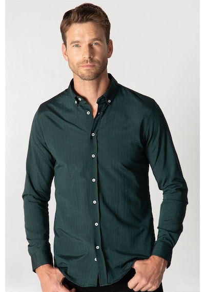 Tudors Slim Fit Uzun Kol Çizgili Spor Yaka Poplin Erkek Gömlek-25329 Haki