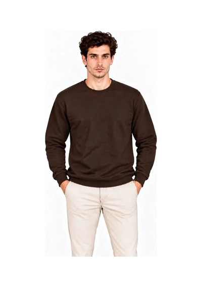 Erkek Bisiklet Yaka İçi Şardonlu 2 İplik Düz Uzun Kollu Regular Fit Sweatshirt - Kahverengi