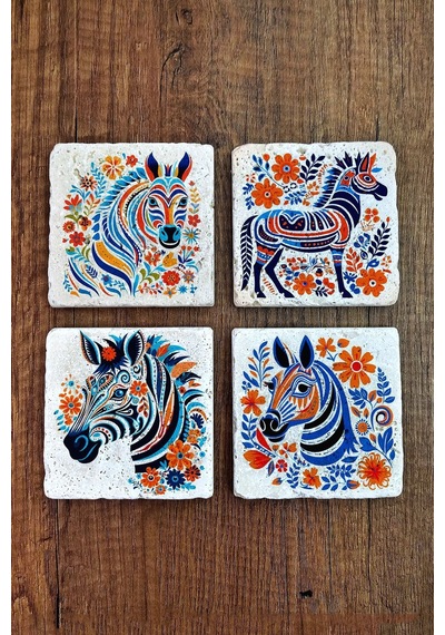 Doğal Taş Bardak Altlığı 4'lü Set 10x10x1 Cm Renkli Zebra Baskılı -stone Coasters Çok Renkli
