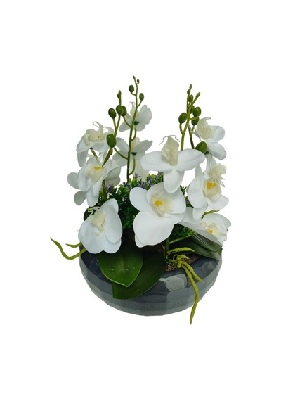 Dörtlü Beyaz Orkide Siyah Antrasit Aranjman Saksıda Özel Tasarım Yapay Çiçek