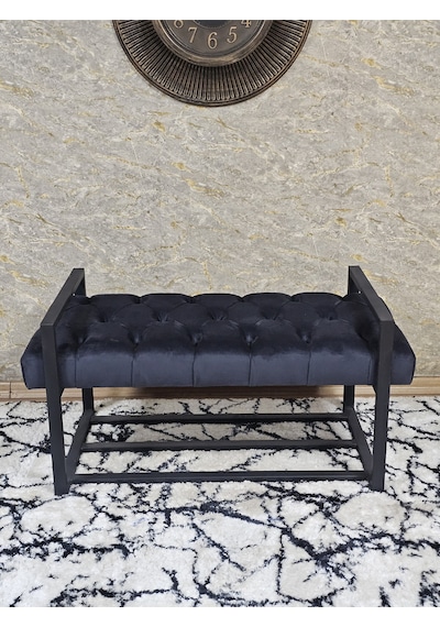 Zafir Siyah Boyalı Metal 80 Cm Puf Bench - Antre Puf - Hol Bench - Puf - Oturak - Bench Füme
