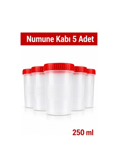 Numune Kabı Ölçekli Şeffaf Gövdeli Kırmızı Vidalı Kapaklı 250 Ml 5 Adet