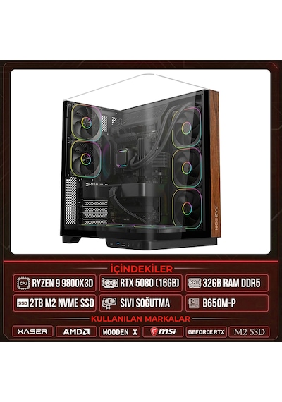 Xaser WOODEN X210 R7-9800X3D 32 GB 2 TB M.2 NVMe SSD 16 GB RTX5080 Free Dos Masaüstü Oyuncu Bilgisayarı