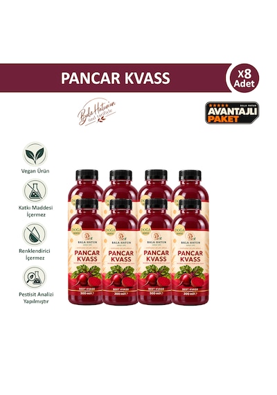 Bala Hatun Pancar Kvass 8 x 300 ML - Kefir Altı Suyu İle Mayalama - Doğal Fermente 8li Pet Şişe