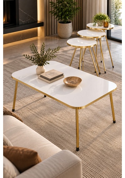 Sulorahome Gold Metal Ayaklı Beyaz 4'lü Sehpa Seti Beyaz - Altın