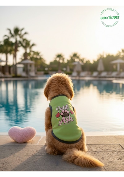 Yeşil Renkli Patili Aşk Baskılı Kedi Ve Köpek Kıyafeti Tişörtü Elbisesi Small/s/beden 1